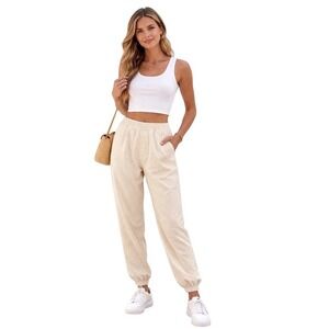 ZARA Women Beige Textured Quilted Jogger Pants Elastic Waist XL Streetwear 69-12